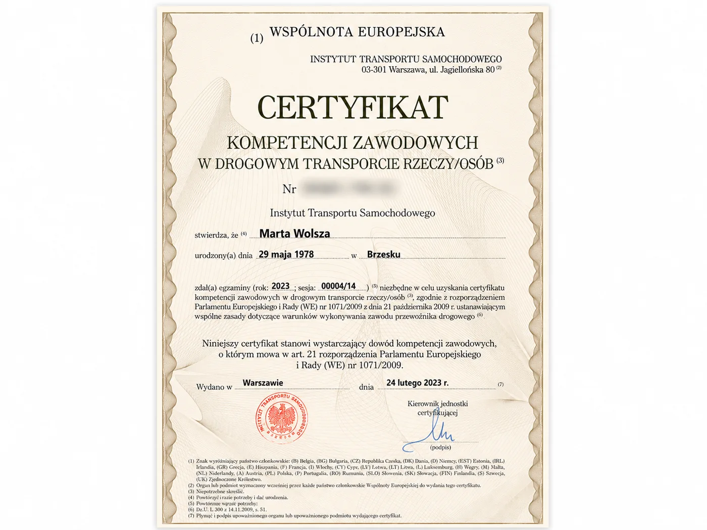 Certyfikat kompetencji zawodowych